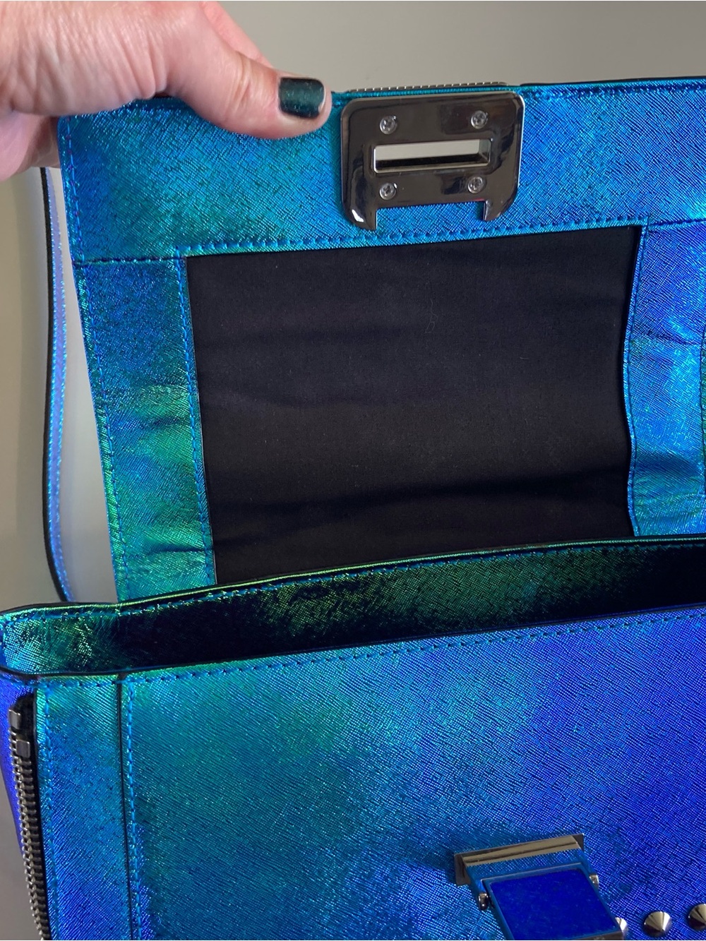 Rebecca Minkoff Iridescent Blue-Green Studded Satchel - Picture 10 of 15